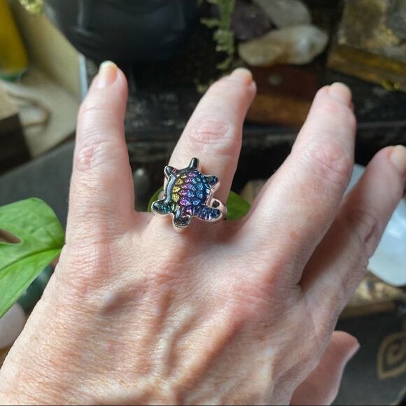 Turtle Dichroic Glass Sterling Silver Ring Size 8 - Picture 3 of 5